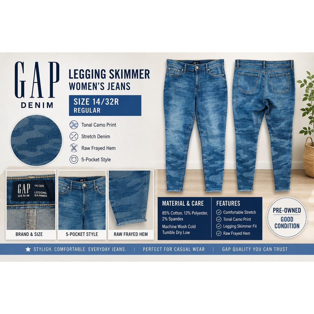Gap Denim Legging Skimmer Jeans Womens 14/32R Blue Camo Stretch Raw Hem Mid Rise
